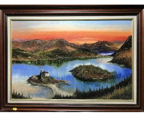 Dallas K Taylor : A castle by a lake, oil on board, signed, framed.