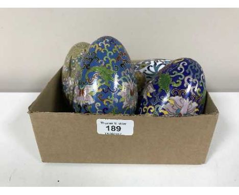A group of four Chinese cloisonne enamel eggs, height 11.5cm