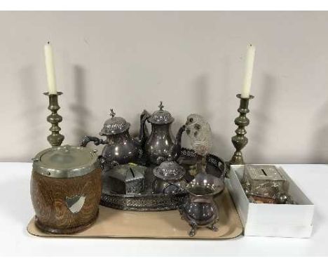 A tray of wooden & plated biscuit barrel, tea service on gallery tray, baby rattle, brass candlesticks etc 