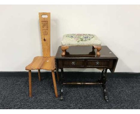 A pine spinning chair, inlaid mahogany sofa table and a footstool 