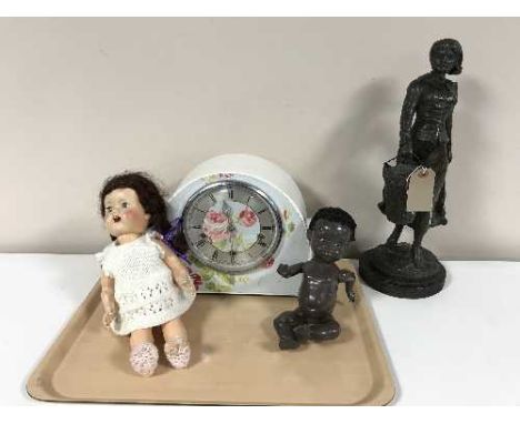 A painted mantel clock, two plastic dolls, spelter figure of a lady 