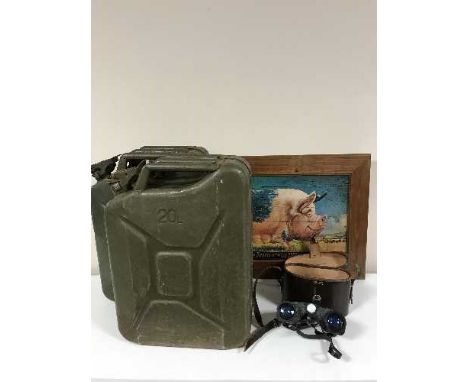 Two metal Jerry cans, a set of cased Wilkinson binoculars and a print of a pig 