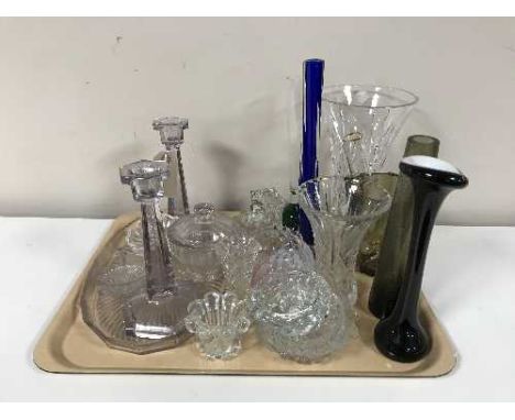 A tray of glass dressing table set, lead crystal mantel clock, assorted glass vases and candle holders etc 