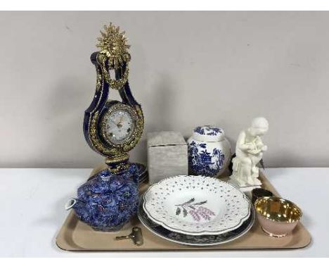 A tray of Victoria & Albert Museum Marie Antoinette mantel clock, Ringtons chintz teapot, willow caddy, plates and a silver n