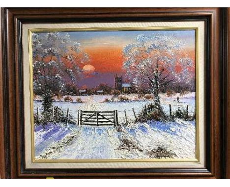 Dallas K Taylor : A winter landscape with village beyond, oil on board, signed, framed.