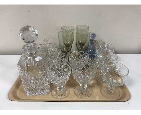 A tray of lead crystal decanter, drinking glasses, Caithness perfume bottle etc 