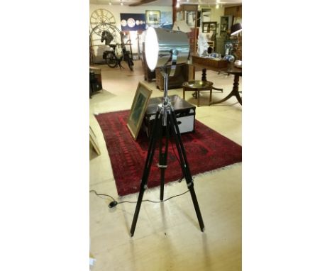 Black wooden tripod chrome spotlight, floor lamp with extending legs - this is the first one of two in this sale, photo's sho