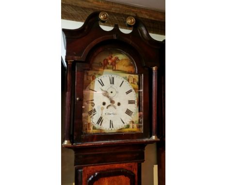 19th century longcase clock in oak and mahogany banded case with painted dial. "Ebbw Vale" marked. All clocks &amp; barometer