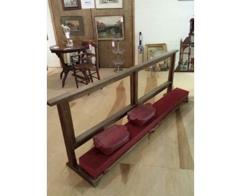 Prayer /kneeling bench, ecclesiastical item, oak with claret pad and four kneeling cushions. 214 cm long.