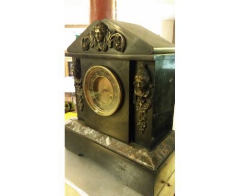 19th C black German slate clock, 8 day and chime. As found. Stag Auctions make no claim as to working condition of any clocks