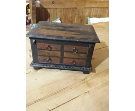 Small wooden chest with four front ring handles, Chinese painted scenes to top and sides (some loss of paint through wear on 