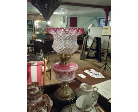 Vintage oil lamp with pink flare shade, super condition, 59 cm high