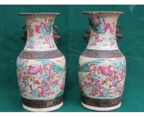 PAIR OF CANTONESE HANDPAINTED CERAMIC VASES DEPICTING BATTLE SCENES, APPROXIMATELY 37cm HIGH 