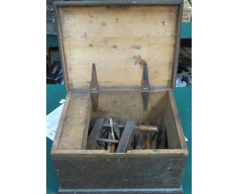 SMALL PINE WORKBOX AND WOODWORKING TOOLS 