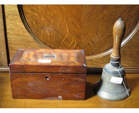 TEA CADDY AND BRASS BELL 