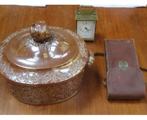 GLAZED POTTERY CASSEROLE DISH WITH COVER, SOHO-PILOT CAMERA PLUS MODERN CARRIAGE CLOCK 