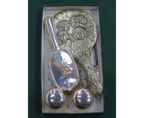 PAIR OF SILVER TOPPED AND ETCHED GLASS PIN JARS, ALSO SILVER BRUSH, BUTTON HOOK AND PLATED DRESSING MIRROR 