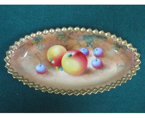 ROYAL WORCESTER FRUIT DECORATED CERAMIC OVAL PIN DISH, SIGNED 