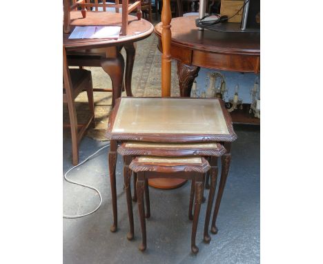 GLASS TOPPED NEST OF THREE TABLES PLUS STANDARD LAMP AND CARD TABLE