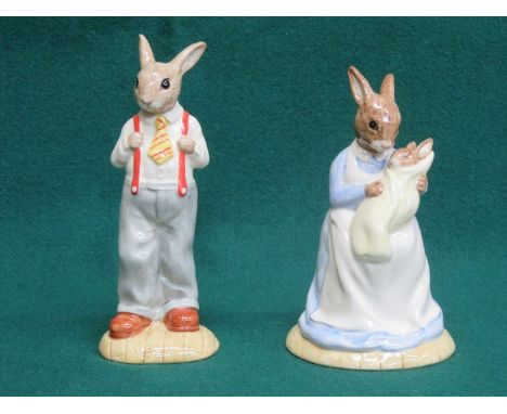 TWO ROYAL DOULTON 'THE BUNNYKINS FAMILY' GLAZED CERAMIC FIGURES- FATHER BUNNYKINS AND MOTHER AND BABY