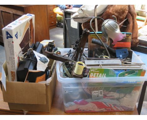 BOX LOT OF SUNDRIES INCLUDING VINTAGE HEADPHONES, WEIGHTS, TOOLS, CEILING LIGHT, MUSIC STAND AND SUPER 8 PROJECTOR, ETC.