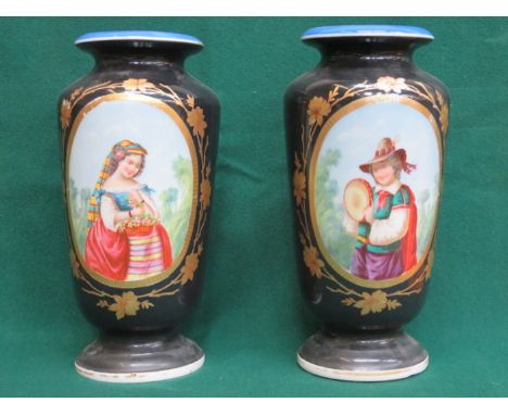 PAIR OF HANDPAINTED AND GILDED VICTORIAN CERAMIC VASES, APPROXIMATELY 34cm HIGH 