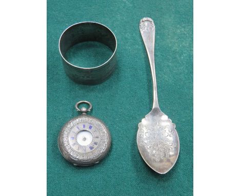 SILVER NAPKIN RING AND SILVER FOB WATCH (AT FAULT) PLUS SINGLE SILVER SPOON