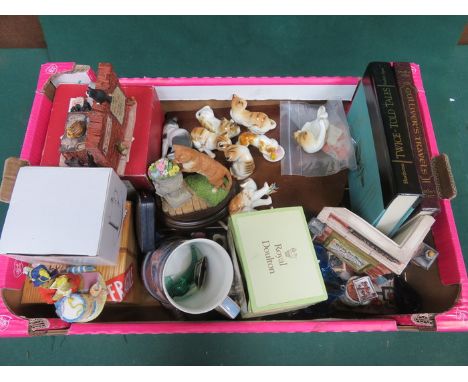BOX LOT OF SUNDRIES INCLUDING CERAMIC CATS, GLASSWARE, ETC. 