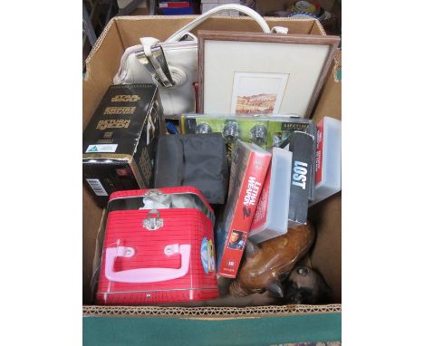 BOX OF SUNDRIES INCLUDING VIDEOS, DVDS, BAG, TOOLS AND TINS, ETC. 
