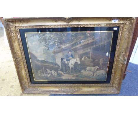 An 18th Century Coloured Morland Print, with eglomise surround glass and original frame. 27.5 x 19ins.