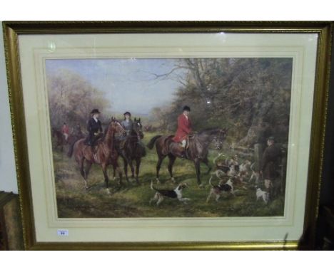 A Large Print Depicting a Hunting Scene, mounted in a moulded and gilt frame. 96cm x 72cm.