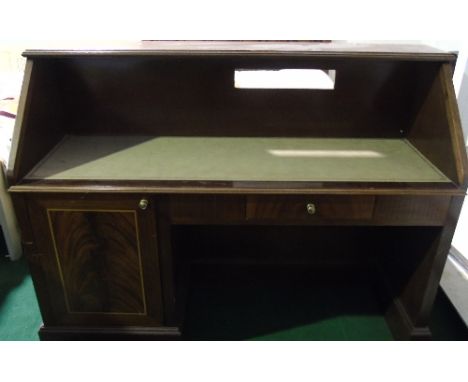 A Mahogany Writing Desk with shelf over, with tooled leather writing surface, frieze drawer and cupboard to left side. Approx