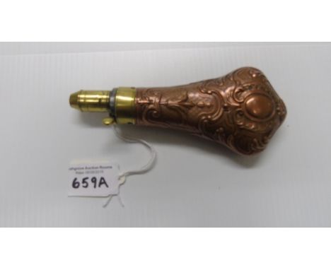 A 19th Century Embossed Copper & Brass Powder Flask in Beautiful Condition, with sprung clip, 5.75ins.