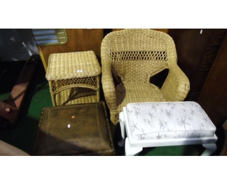 A Quantity of Items, to include a white painted piano stool, a rush armchair and table along with an X frame leather topped s