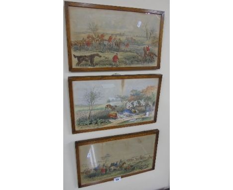 A Very Good Set of 19th Century Hand Coloured Hunting Prints, in original oak frames, monogrammed PHK lower right. 15 x 8.75i