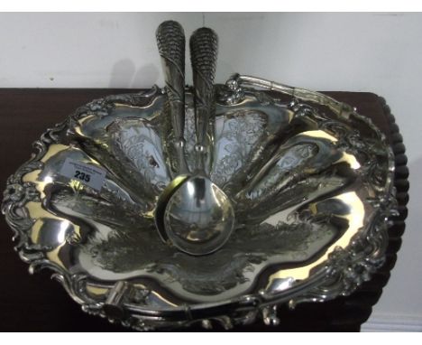 A Silver-Plated Engraved & Handled Bowl along with a Salad Spoon and Fork.
