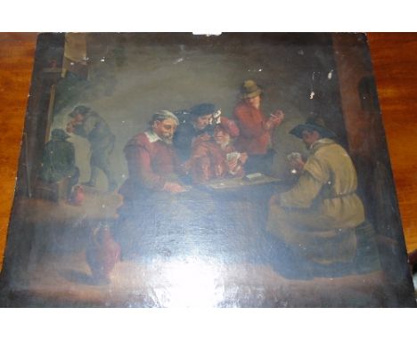 Follower of David Teniers, Flemish 1610-1690, An Early 19th Century Oil on Canvas. Figures in a Tavern Interior Playing Cards