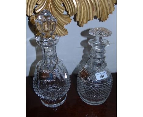 Two Cut Glass Decanters, One Waterford Example and the other possibly Waterford, Both having silver plated tags engraved 'Bra