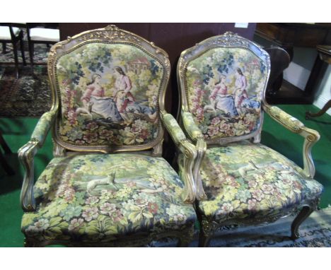 A Very Good Pair of 20th Century Continental Armchairs, with original tapestry upholstery.