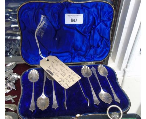 A Late Victorian Set of Six Albany Pattern Teaspoons and Tongs. London, William Hutton and Sons Ltd.