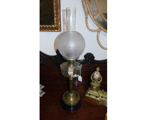 An Edwardian Brass and Glass Oil Lamp, with etched glass globular shade.