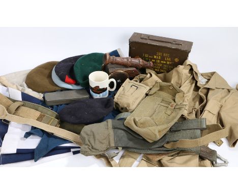 Mixed lot of militaria, 1937 Pattern webbing belts, braces, basic pouch, anklets, R.A.F. Airmans Bush Jacket dated 1968, ammu