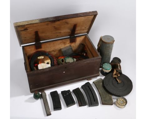 Pine box containing a mixed lot of militaria, including a pan magazine for the Russian DP-28 light Machine gun, 3 Sten gun ma