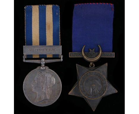 Victorian Anglo Egyptian War pair, Egypt Medal with clasp ' Tel-El-Kebir', Khedive Star ( 1864 PTE. S. name illegible. 3/ K. 