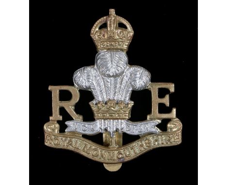 Royal Monmouthshire Royal Engineers cap badge, Kings Crown, slider to reverse, marked J. R . Gaunt, London, K&amp;K 1945