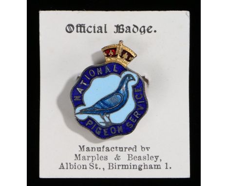 National Pigeon Service enamel badge, attached to the original card back, manufactured by Marples &amp; Beasley