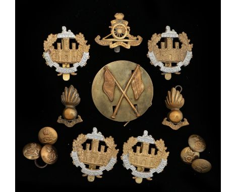Quantity of British army badges, small size Royal Artillery cap badge, pair of R.A. collar badges, R.A. buttons, brass signal