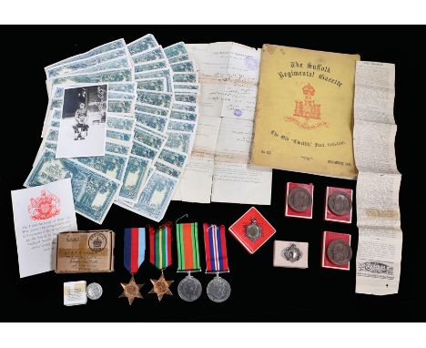 Second World War grouping to a soldier in the Suffolk Regiment, Private Arthur Leeks, to include 1939-1945 Star, Pacific Star