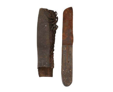 19th century North American trade knife, steel blade with plain wooden handle, housed in fringed leather scabbard, overall le