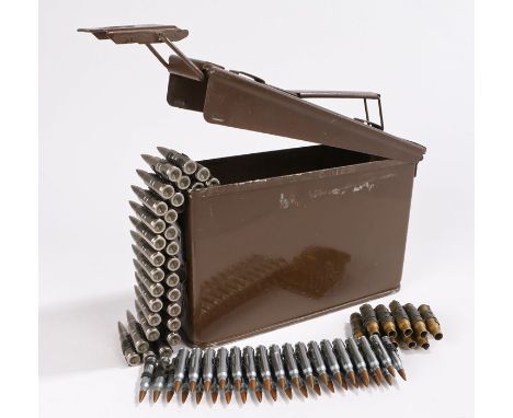 British army ammunition box containing 7.62 mm link drill rounds for training with the General Purpose Machine Gun, used for 
